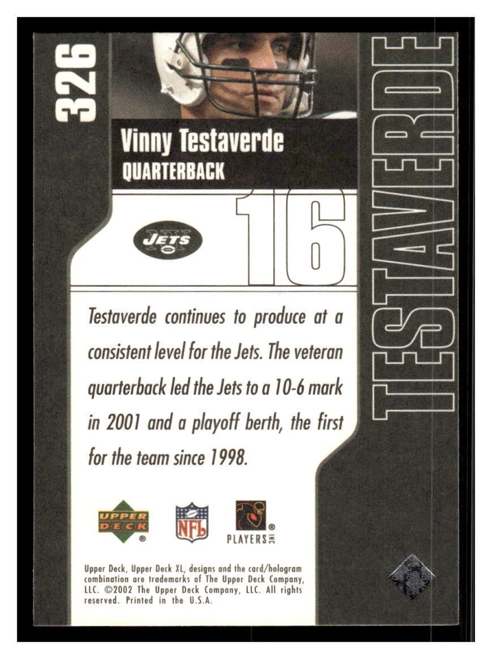 2002 Upper Deck XL #326 Vinny Testaverde - New York Jets - Image 2 of 2