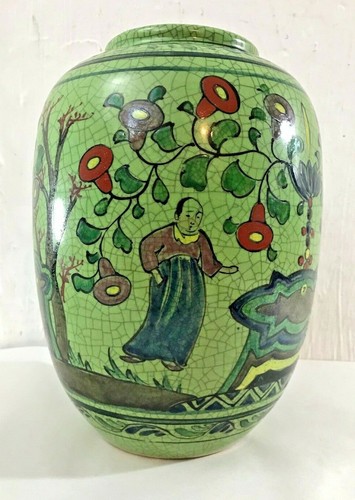 HAND PAINTED JAPAN EXPORT VASE - CHILDREN PLAYING / FLORAL - 10" CRACKLE DESIGN - Picture 2 of 7