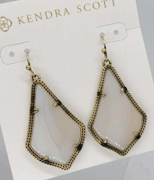 Kendra Scott White Banded Agate Earrings In  Antique Brass - Image 2 of 4