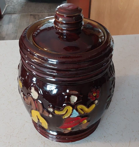 Vintage RED WING POTTERY Brown Glazed Cookie Jar Pot DANCING PEASANTS Floral MCM