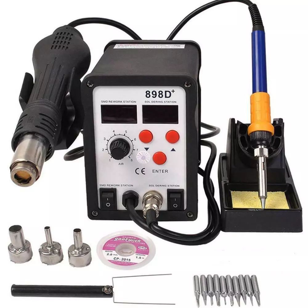 898D 2in1 SMD Rework Soldering Station Solder ESD Tips BGA Hot Air Nozzles 110V