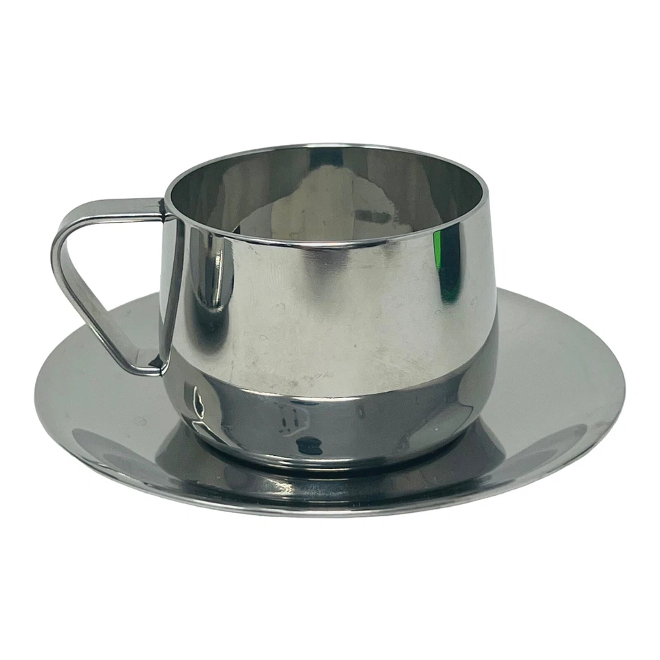 Juego de 2 tazas y platillos Demitasse Espresso Demitasse de acero inoxidable 18/10 NOS Foto 3 de 4