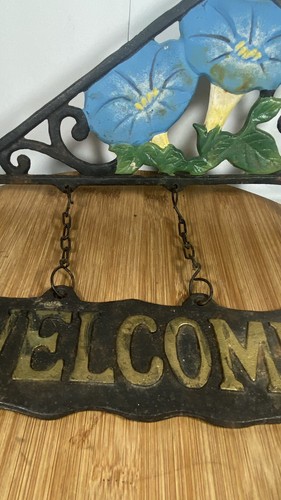 Metal Rustic Cast Iron Hanging Welcome Sign Painted Roses Design Garden Plaque - Picture 4 of 6