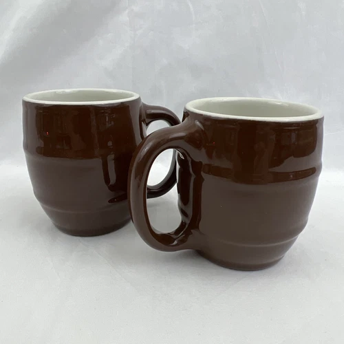 2 Vintage Hall USA Barrel Mug 536 Brown Stoneware Heavy Coffee Tea Made in USA