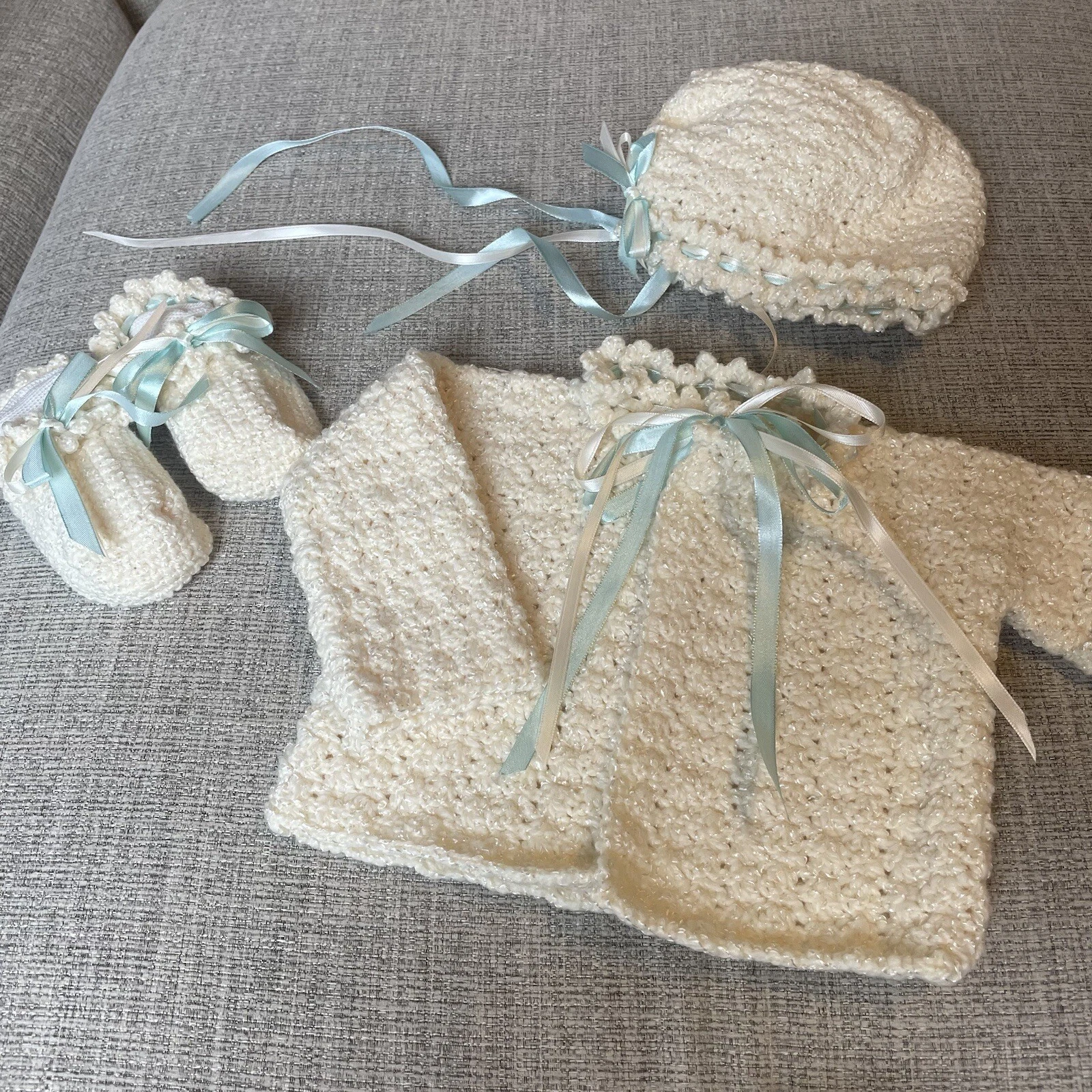 Handmade Cream & Baby Blue Crochet Baby Sweater, Hat, Booties & Socks