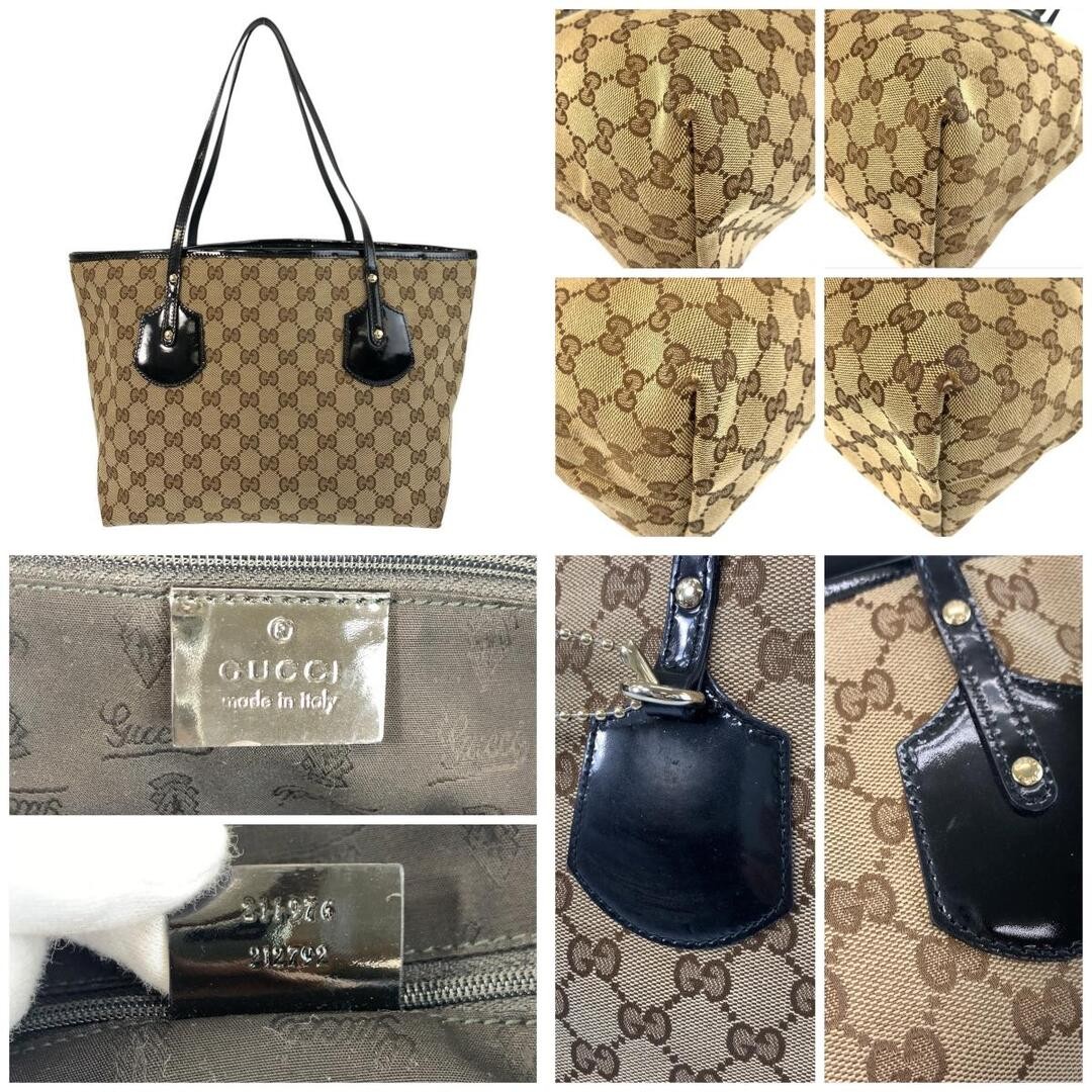 GUCCI GG Canvas Leather Tote Bag Beige Black Gold Hardware Used thumbnail 3