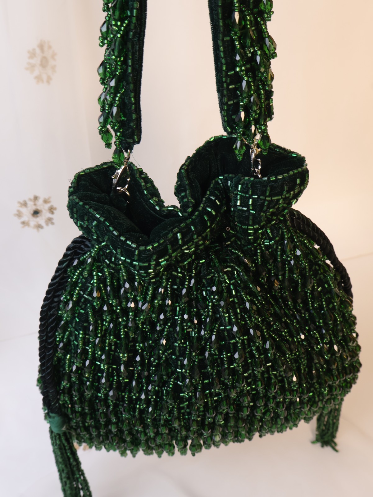 Green Crystal Potli Bag with Long Tassels Emerald Green Pouch Bag Purse