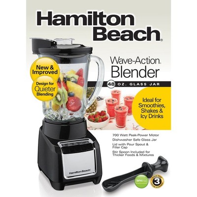 Hamilton Beach Wave Action Quiet Blender,48 Oz Glass Jar, Black and Silver New