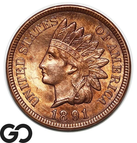 1891 Indian Head Cent Penny, Lots Of Red, Choice BU++