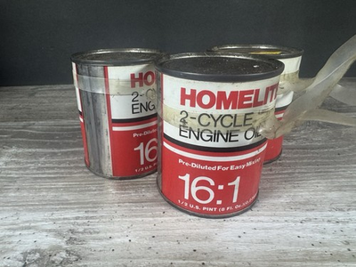#ad 3 vintage homelite 2 Cycle 8 Ounce rare 16:1 Unopened Metal Oil Cans $29.99