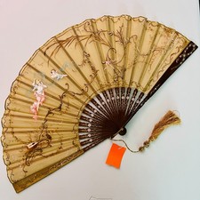 Antique 19th Century Painted French Silk Hand Fan Carved Wood Art Nouveau READ