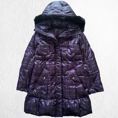 noa-ge Purple Black Check Down Coat with Fox Fur M Women's