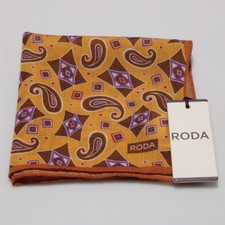 Roda NWT 100 Wool Pocket Square In Orange with Brown  Purple Geometric Paisley