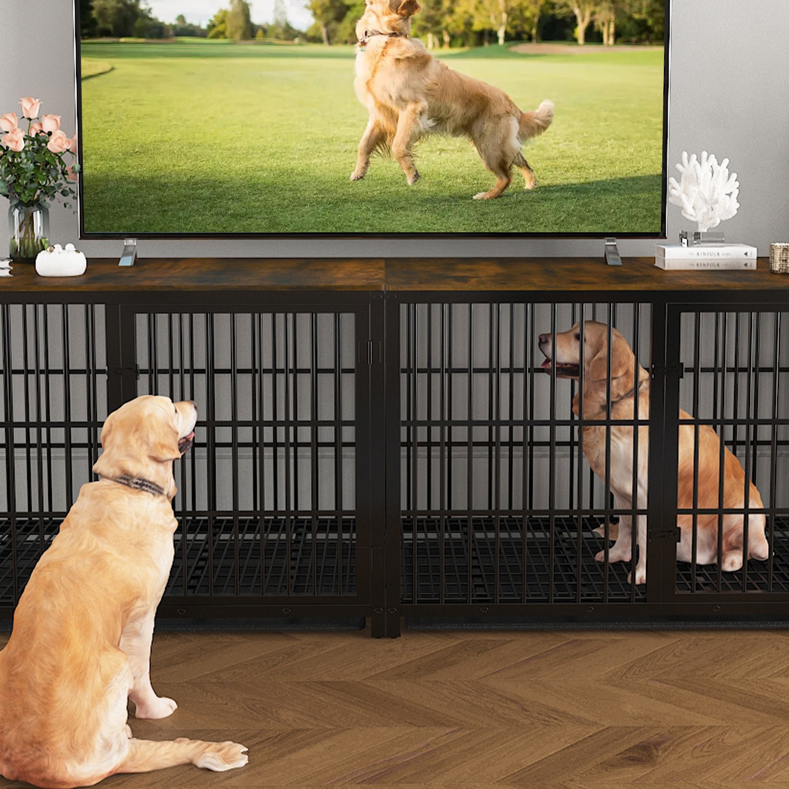 XXL Thick Wooden Dog Crate Furniture TV Stand Metal Tube Sturdy Dog Kennel Cage