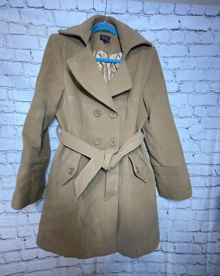 Countess Tan Belted Button Down PeaCoat Womens Size Large