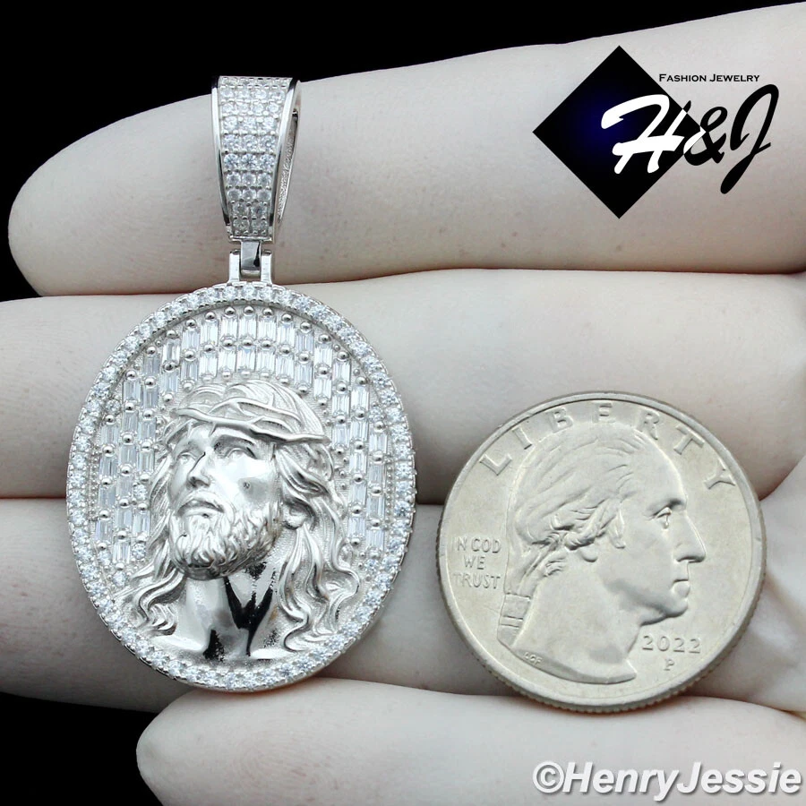 HOMBRE 925 PLATA ESTERLINA ICY BLING BAGUETTE CIRCONITA 3D CARA DE JESÚS COLGANTE OVALADO*SP385 Foto 4 de 4