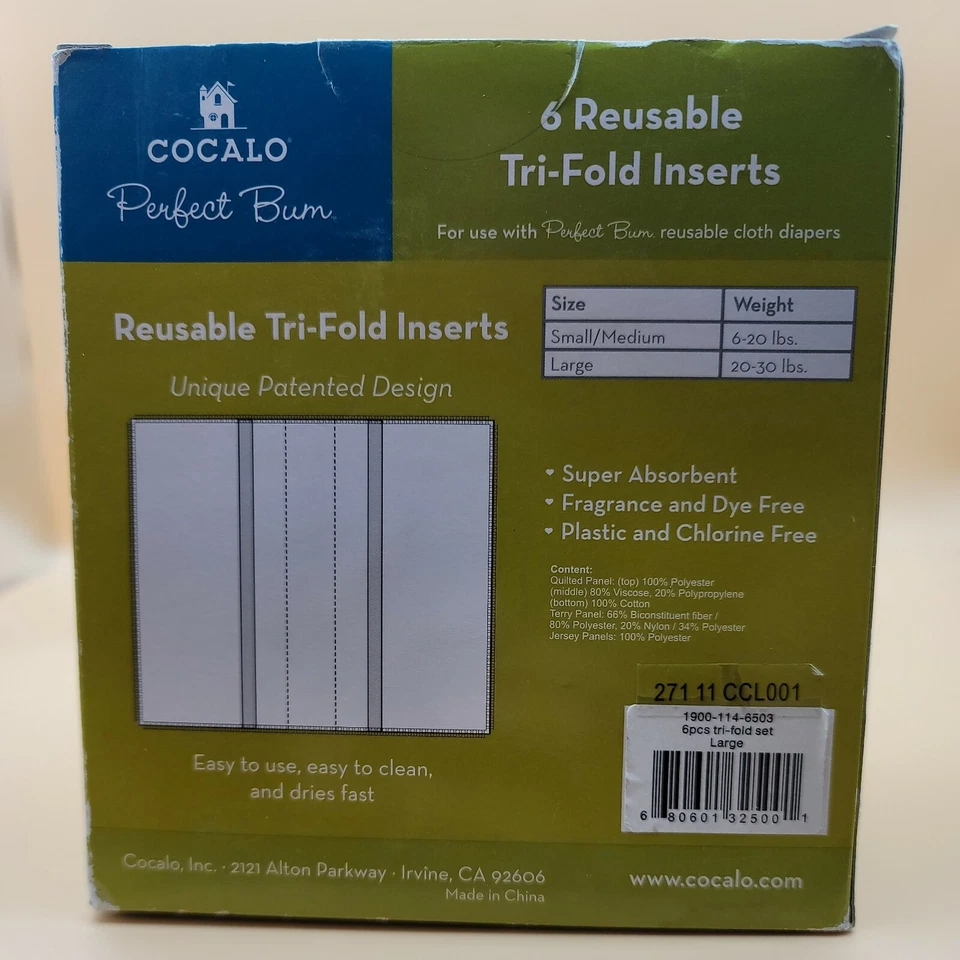 Многоразовые тканевые подгузники COCALO Perfect Bum тройные вставки 6 шт. БОЛЬШИЕ 20-30 фунтов - Изображение 4 из 4