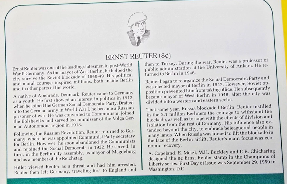 1959 FDC, Honoring Ernst Reuter Champion of Liberty Art Craft 8c Mayor Of Berlin - Image 3 of 3