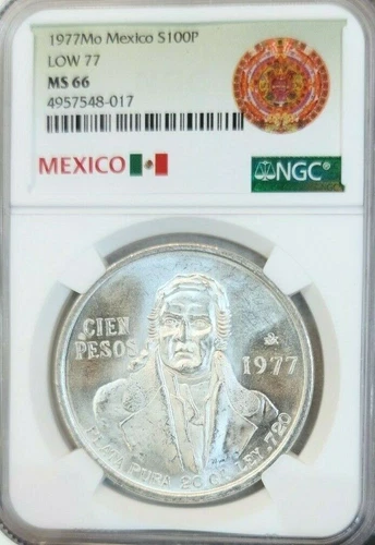 1977 MEXICO SILVER 100 PESOS S100P LOW 77 VARIETY NGC MS 66 PQ LUSTER GEM BU