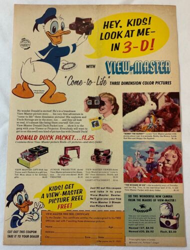 1957 View-Master Display Page ~ Donald Duck, Bobby the Bunny, Wizard of OZ - Picture 1 of 1