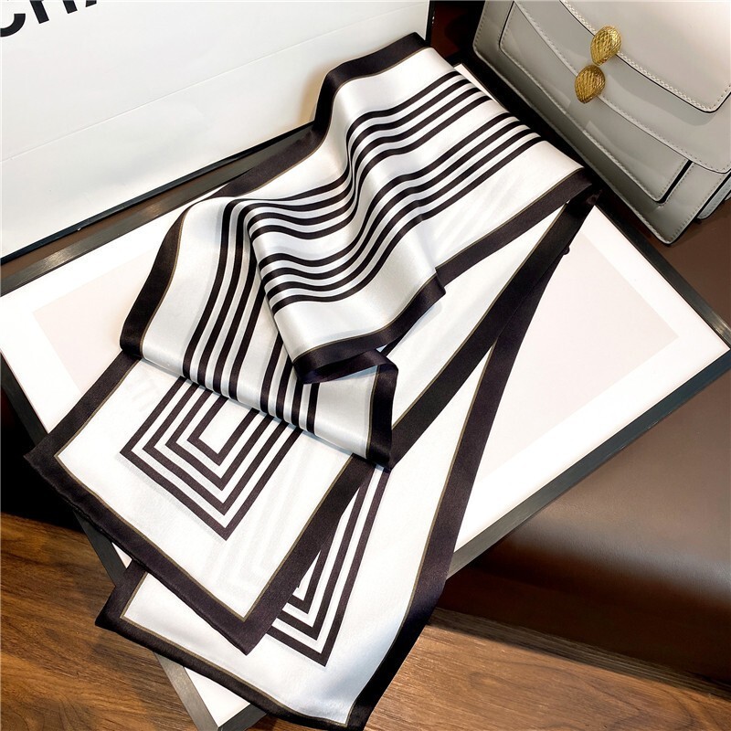 100% Pure Silk Rectangle Scarf Women Neckerchief Vintage Striped Tied ...