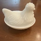 Vntg Hazel Atlas Small 4” X 3.5” Milk Glass Hen On Nest Covered Dish