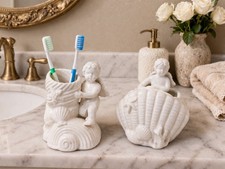 Vintage Cherub Bathroom Set Toothbrush Holder Vanity Holder White Ceramic