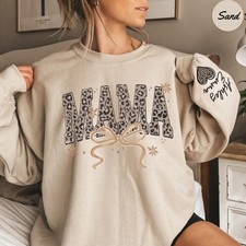 Custom Leopard Mama Sweatshirt With Kid Name On Sleeve Personalized Mom
