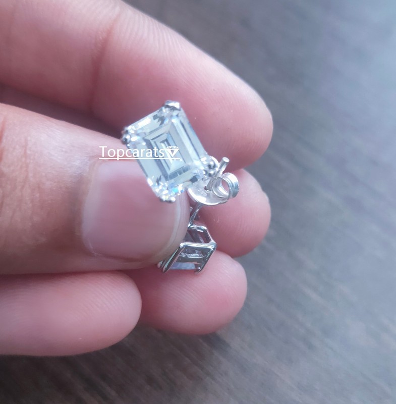 6mm Emerald Cut Real Moissanite Silver Men's Stud Screw Back Earrings