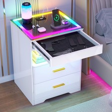 LED Nightstand with Charging Station & Glass Top