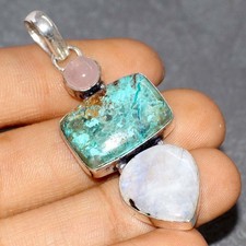 Ciondolo Crisocolla Pietra di Luna Arcobaleno Argento 925 Placcato 2,2" Estetica GW