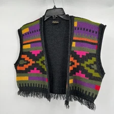Maison Gabriel Womens Vest L Southwestern Boho Knit Fringe Festival Retro Hippie