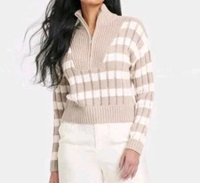 Women's Mock Turtleneck Quarter Zip Pullover Sweater - A New Day Beige Cream (M)