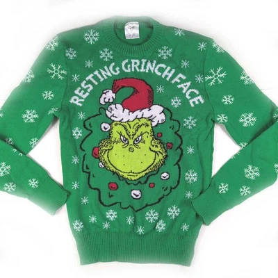 2020 Dr Seuss Resting Grinch Face Green Pullover Christmas Sweater Size Small 36 - Image 1 of 4