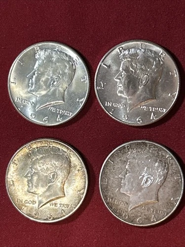 LOT of 4 - 1964 Kennedy Silver Half Dollars 90% Silver  -  Two BU - Two Toned