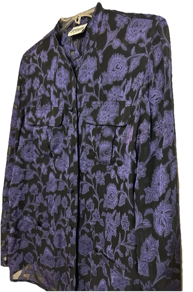 Blusa Chico's Manga Longa Transparente S Seda Rayon Roxa Burnout Top Romântico Escuro - Imagem 2 de 4