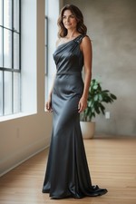 Blondie Nites by Stacy Sklar Blue Satin Gown   Size 5, One-Shoulder Mermaid Fit