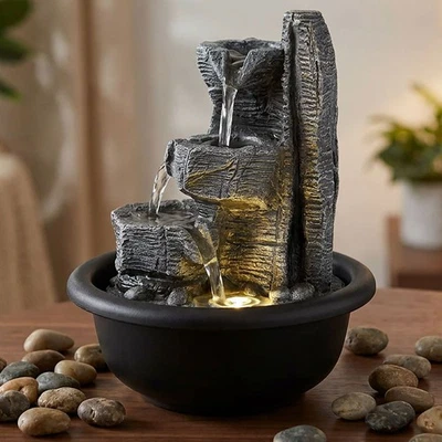 Fontaine D'Intérieur de Table Décorée LED Chute D'Eau Gris Ornementale H 19 CM - Photo 1/4