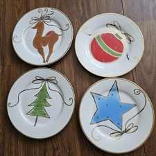 Pier 1 Christmas Salad Dessert Plates Deer Star Ornament Tree Gold Trim Set of 4
