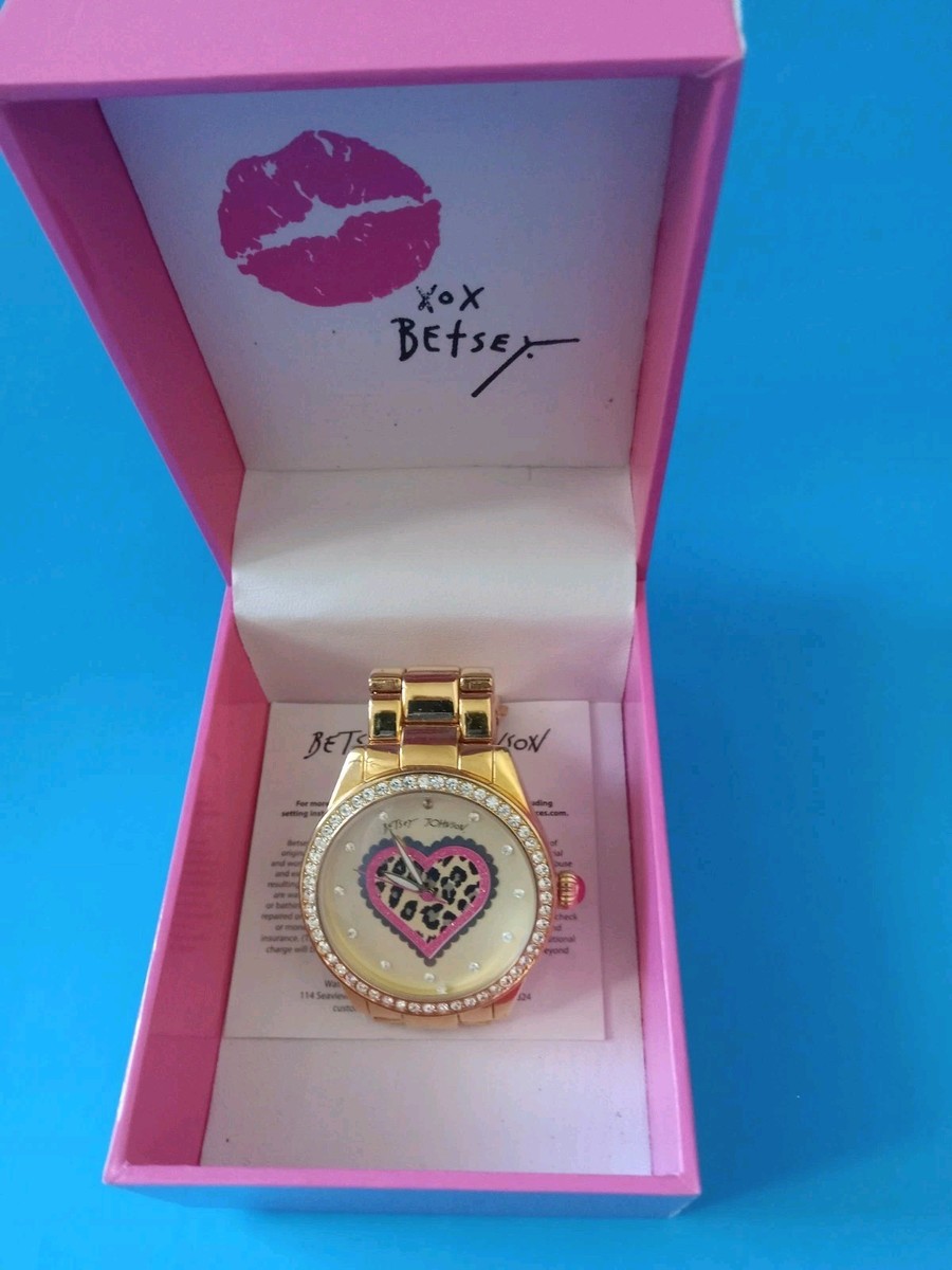 VTG Used Betsey Johnson Leopard Heart Watch Gold Tone w 
