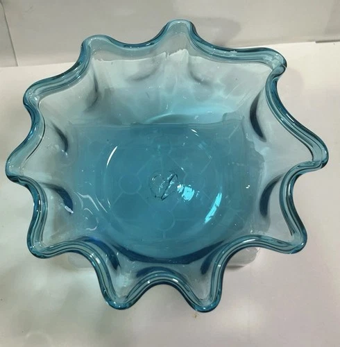 VTG. BLENKO Hand Blown Blue Ruffle Top Art Glass Bowl MCM Decor