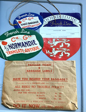 1938/39 S.S. NORMANDIE  BAG TAG & LABELS W/ORIGINAL ENVELOPE