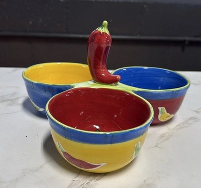 Clay Art Chili Pepper 3 Section Tri-Bowl Condiment Server Hand Painted - A3