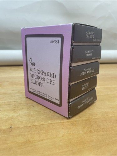 Vintage Set of 58 Sears’s Prepared Microscope Slides Blood Sea Life Insects