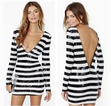 Nasty Gal Sequin Long Sleeve V-neck Mini Dress Black & White Small S Club