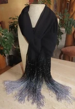 Nordstrom oblong scarf wrap; semisheer BLACK; elaborate fringe; 84x21 SILK