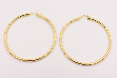 3mm X 60mm All Shiny Plain Hoop Earrings 14K Yellow Gold-Plated Silver 925