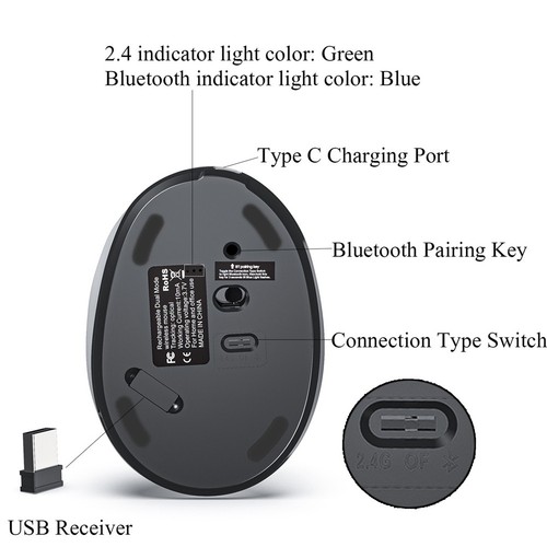 Rechargeable Dual Mode USB 2.4G + Bluetooth Mouse Vertical Ergonomic1250 - Picture 4 of 8