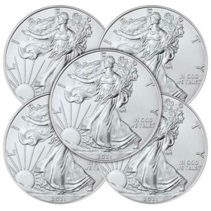 Lot of 5 - 2021 $1 American Silver Eagle 1 oz Brilliant Uncirculated