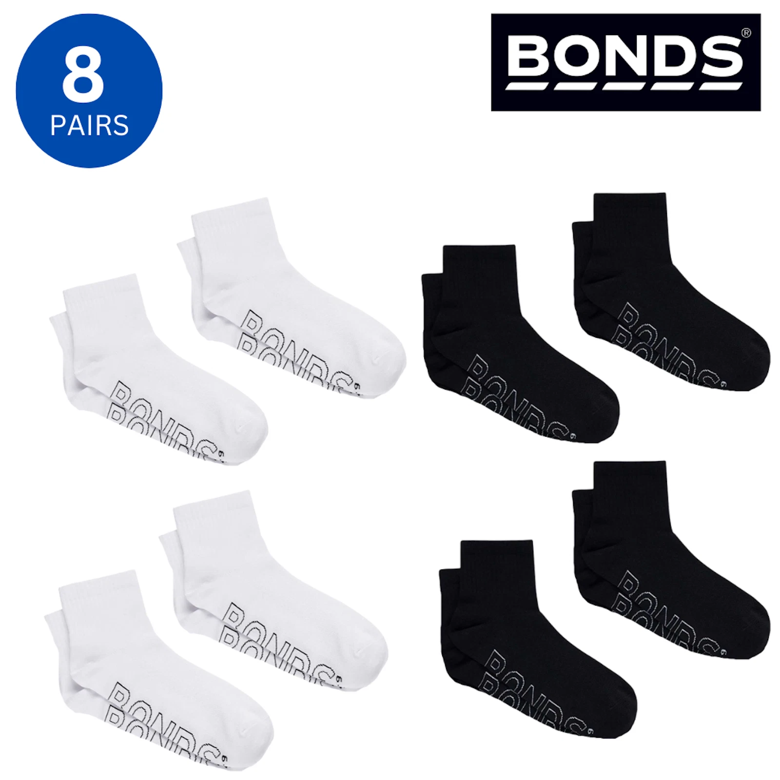 8 Pairs Bonds Lightweight 1/4 Quarter Crew Mens Cotton Socks Black White SXMX4N